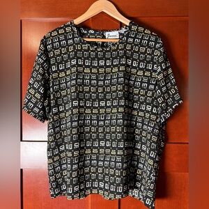 Joanna Vintage 80’s Black Short Sleeve Top With Geometric Print Size Large